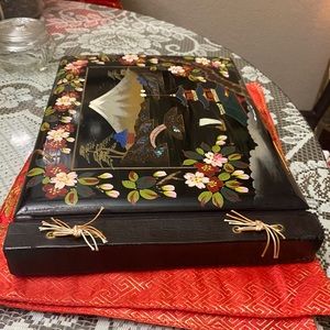 ANTIQUE HAND PAINTED WOODEN ORIENTAL SCRAPBOOK/BINDER ALBUM